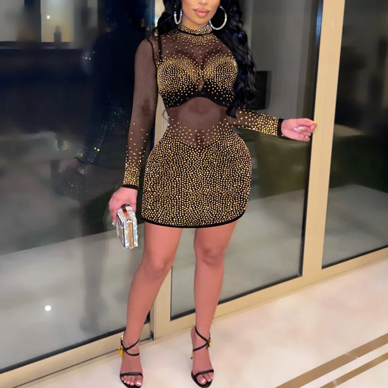 

Elegant Sexy See Through Mesh Crystal Mini Dresses Womens Long Sleeve Zipper Back Skinny Party Club Dress Chirstmas Outfits