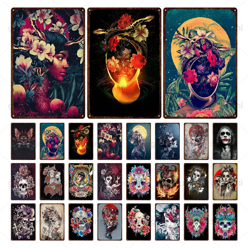 Красота череп цветок металлический жестяной знак старомодный потертый налет