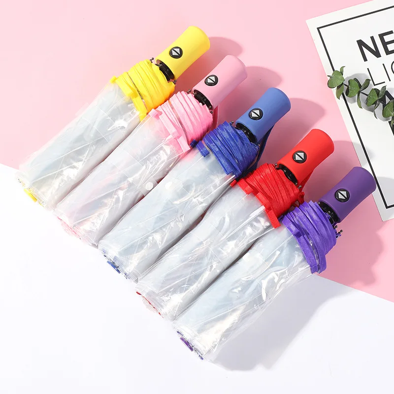 Прозрачный автоматический 3 складной зонт для женщин цветная ручка