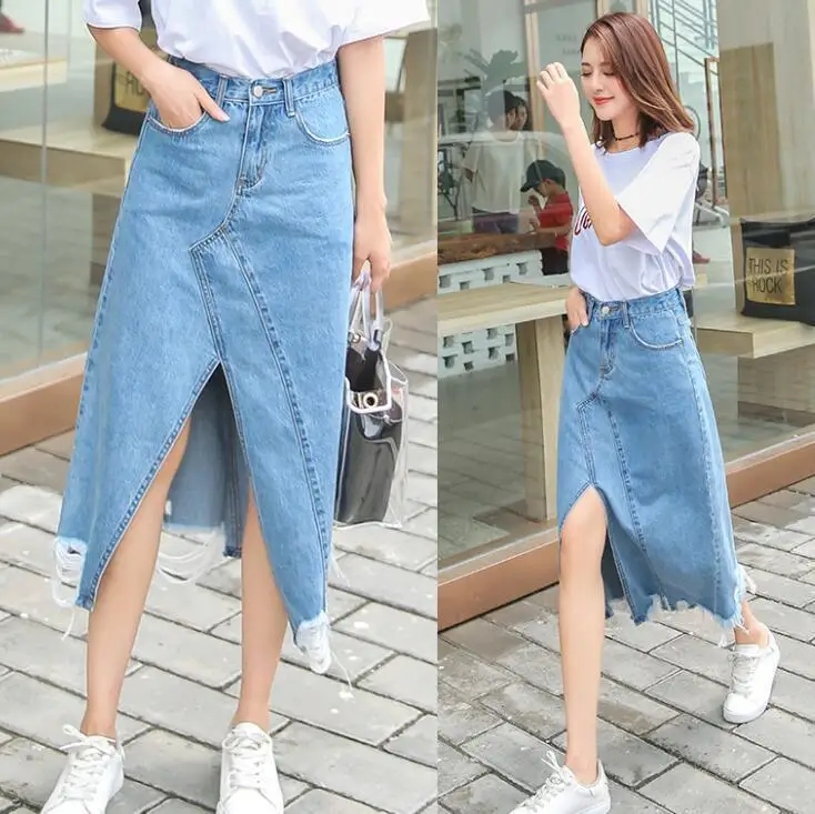 

Long Denim Maxi Jeans Skirts Women High Waist Ripped Skirt Ladies Midi Blue 2020 Summer Spring Large Plus size