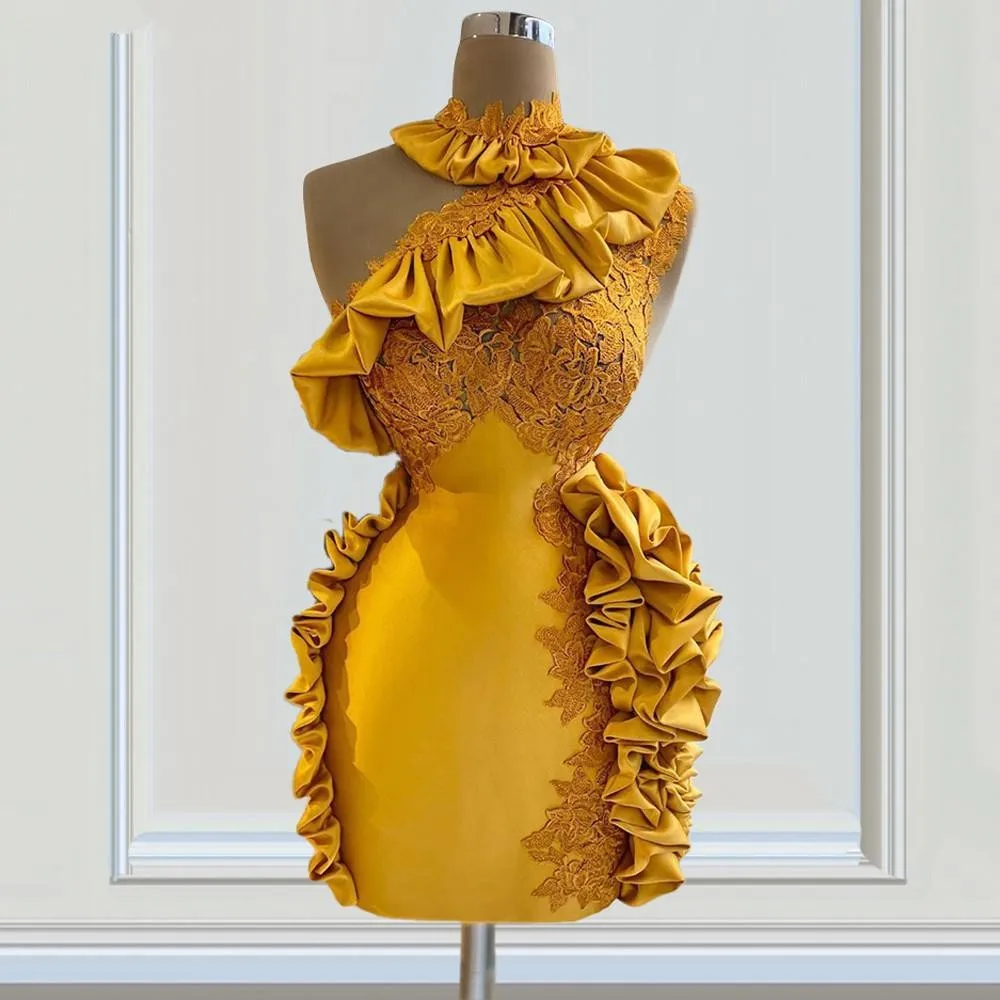 

Золотое Платье на Одно Плечо, блестящее короткое платье для выпускного вечера, кружевное атласное платье-Русалка с аппликацией, женское офи...