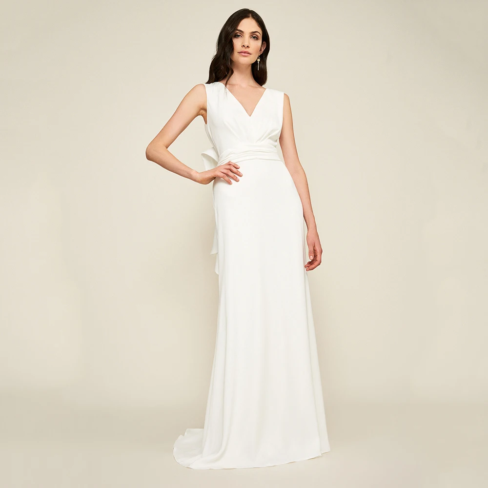

Sheath Floor Length Simple Bridal Gown V Neck Sexy Backless Sashes Bow Plain Skirt Classic Wedding Dress Vestido De Novia Summer