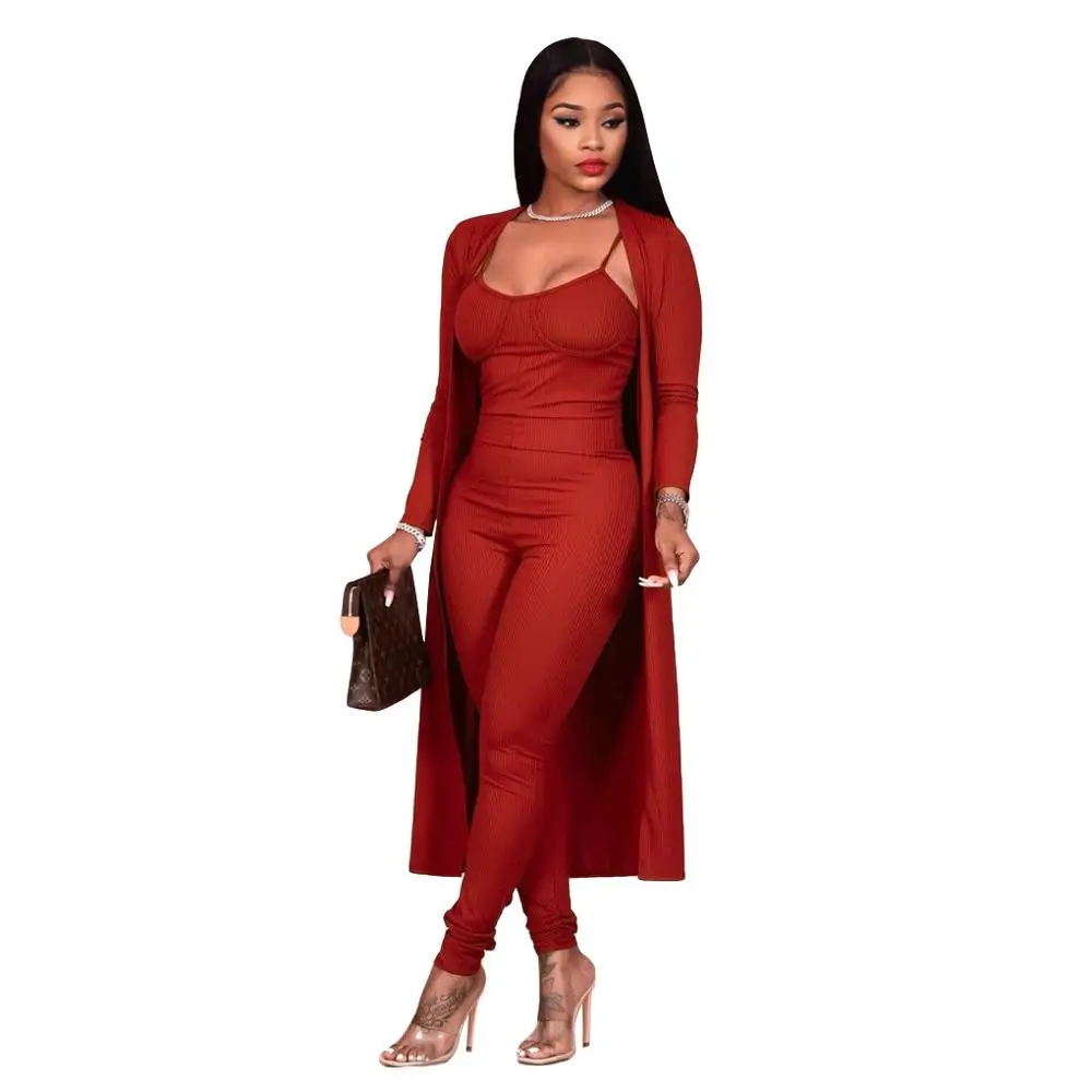 

2020 Winter Solid Women Jumpsuits Two Piece Sets High Quality Spaghetti Strap Skinny Rompers + Midi Cardigan Casual Outfits