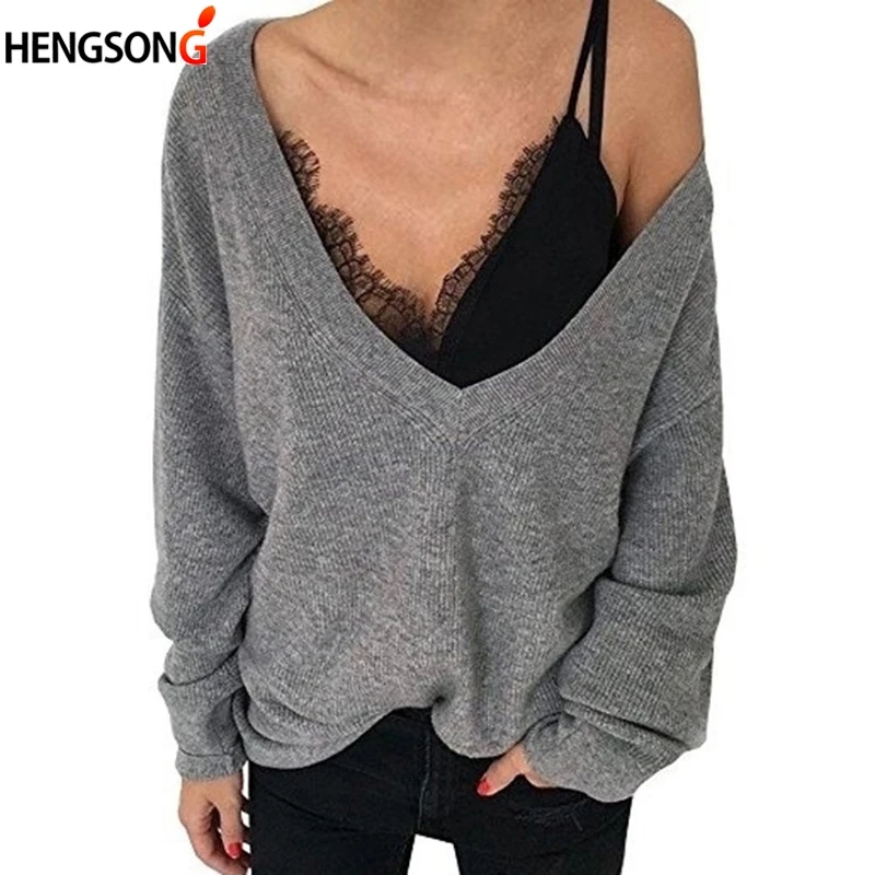 

Женский трикотажный свитер с глубоким V-образным вырезом и длинным рукавом