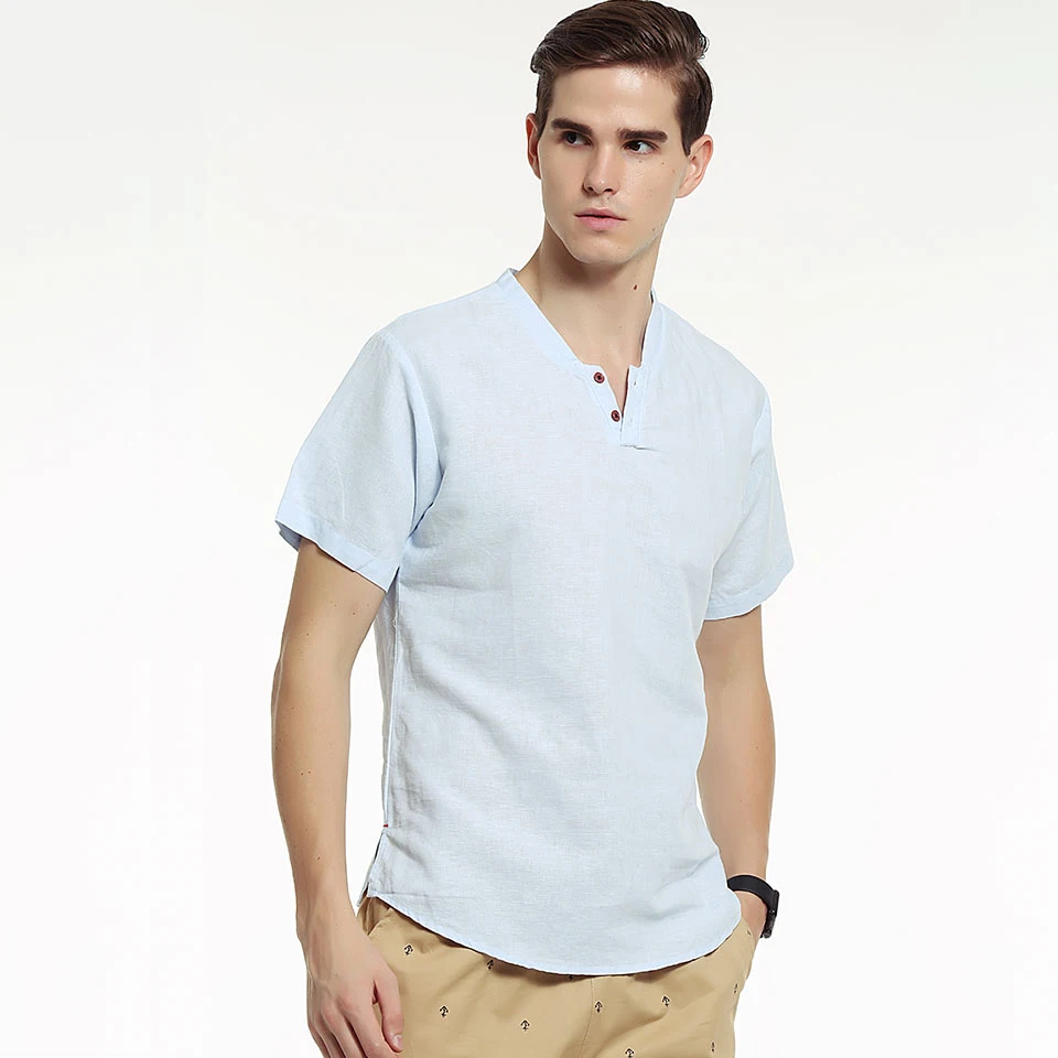 

Man T-shirt Cotton V-neck Good Quality Solid White Blue Khaki Summer Cool Short Sleeve Men Linen T Shirt