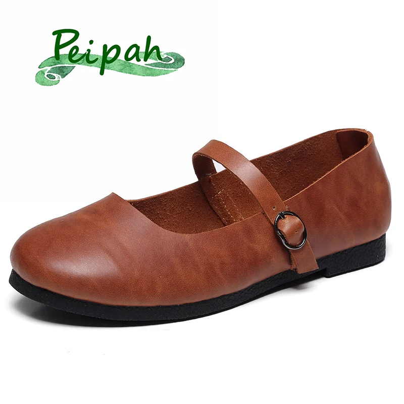 

PEIPAH Genuine Leather Retor Women's Mary Janes Flats Ladies Shallow Solid Shoes Woman Casual Flats Spring Footwear For Women