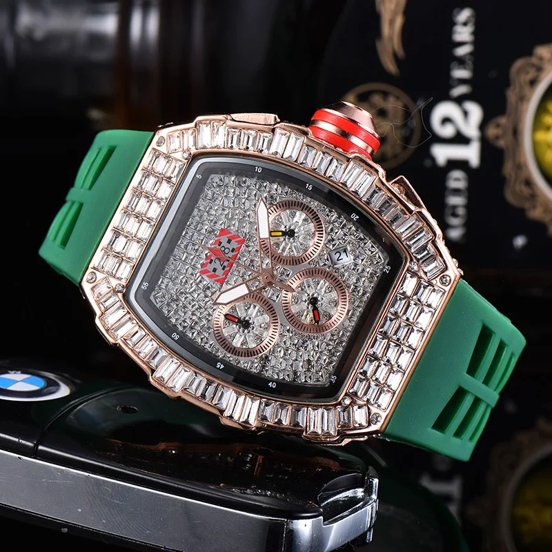 

Watch men's watch full diamond business chronograph six-hand calendar quartz point 2021 wine barrel shape rubber gift banquet