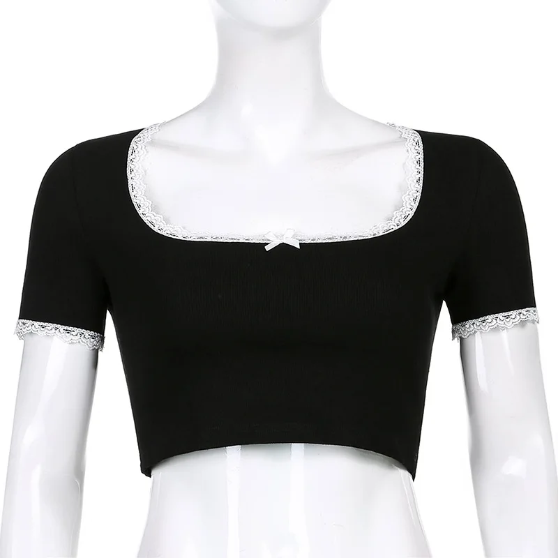

Summer short-sleeved square neck lace bow short sexy cropped T-shirt women