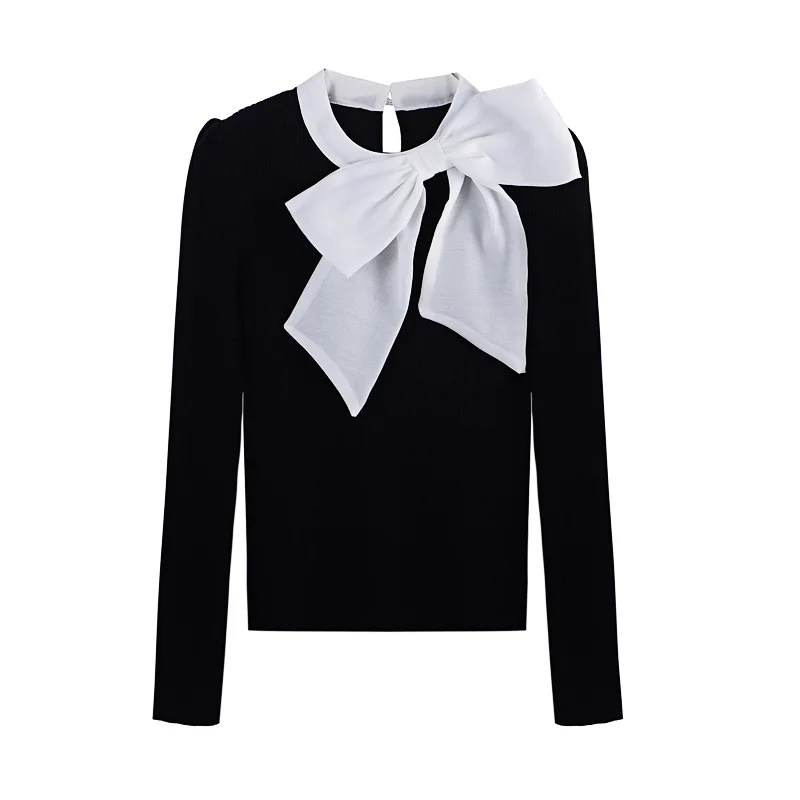 

NEW Bow Contrast Color Casual Slim Tops 2021 Autumn Fashion Tide Long Sleeve Pullover Knitting Sweater Women fashion sweater