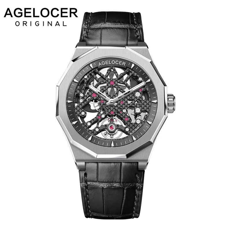 

AGELOCER Mechanical Watch Men Wrist Mens Watches Swiss Power Reserve 80H Luxury Black Skeleton Watch Clock Man Relogio Masculino