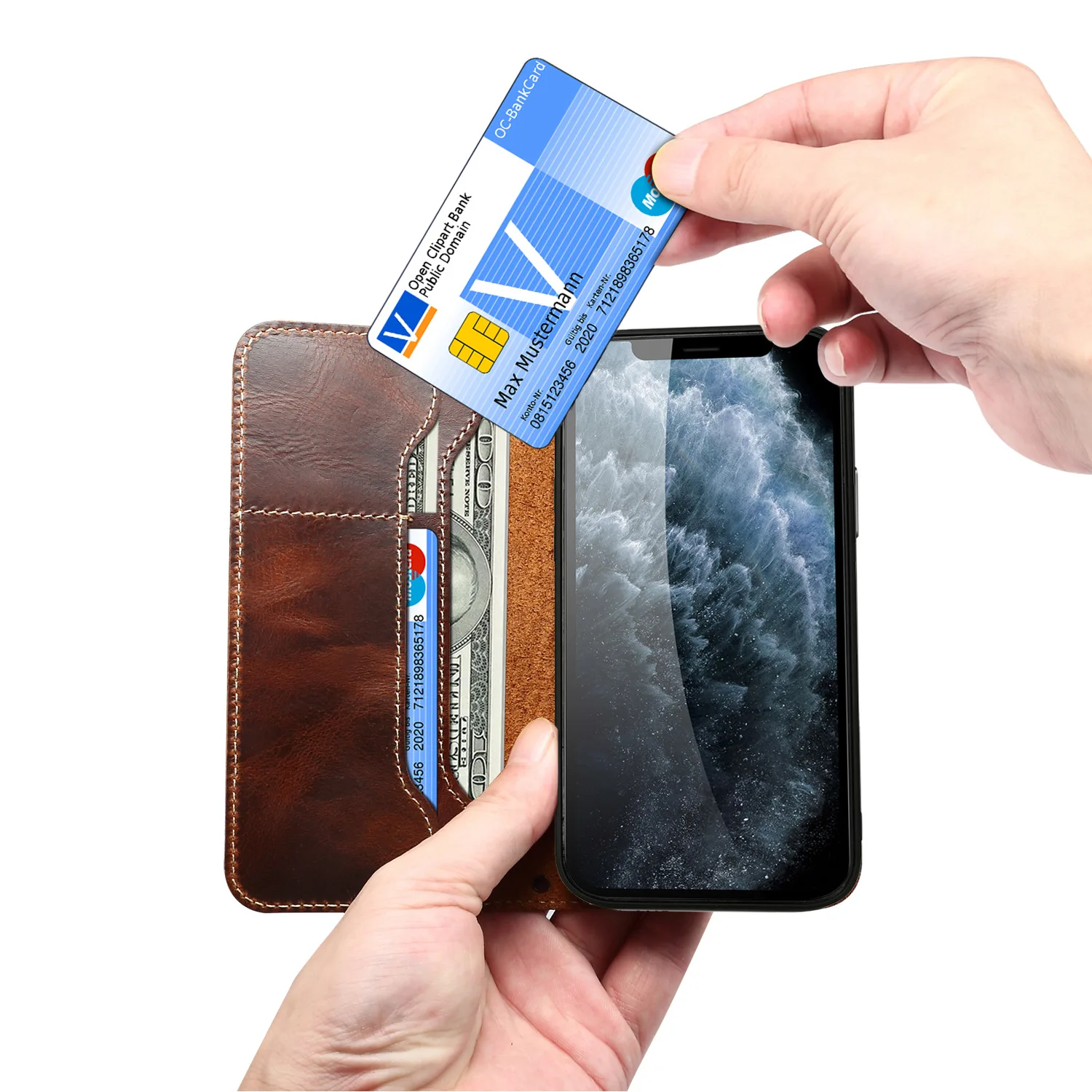 

For iPhone Iphone12 Leather Mobile Phone Protective Case First Layer Cowhide Flip Card Wallet Mobile Phone Case Max