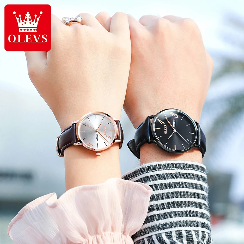 OLEVS 2021 New Ladies Fashion Casual Waterproof Breathable Leather Quartz Watches Alloy Case Men's And Women Watch Couple