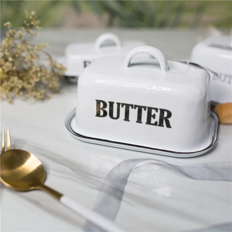 white with black 19 см утолщенная буква эмаль с крышкой закуски лоток масленка контейнер для хранения сыра - Color: white with black