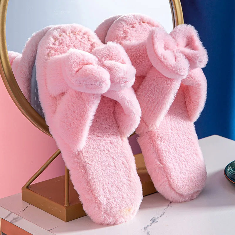 

slippers Women 2022 winter Indoor Slides women Faux Fur Warm house slippers flats women lovely Bow Cotton Slippers zapatos mujer