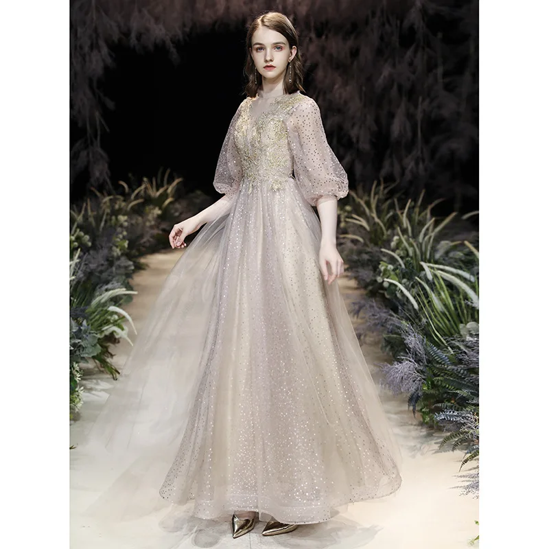 

Big Size 3XL Fairy Long Evening Dress Bling Sequins Celebrity Banquet Dress Temperament A-line Mesh Dress Slim Party Dress