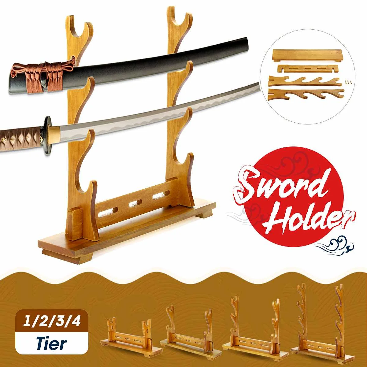 1/2/3/4 Tier Solid Wood Katana Samurai Sword Holder Display Stand Wooden Storage Rack Bracket Hanger Vintage Home Decoration | Дом и сад