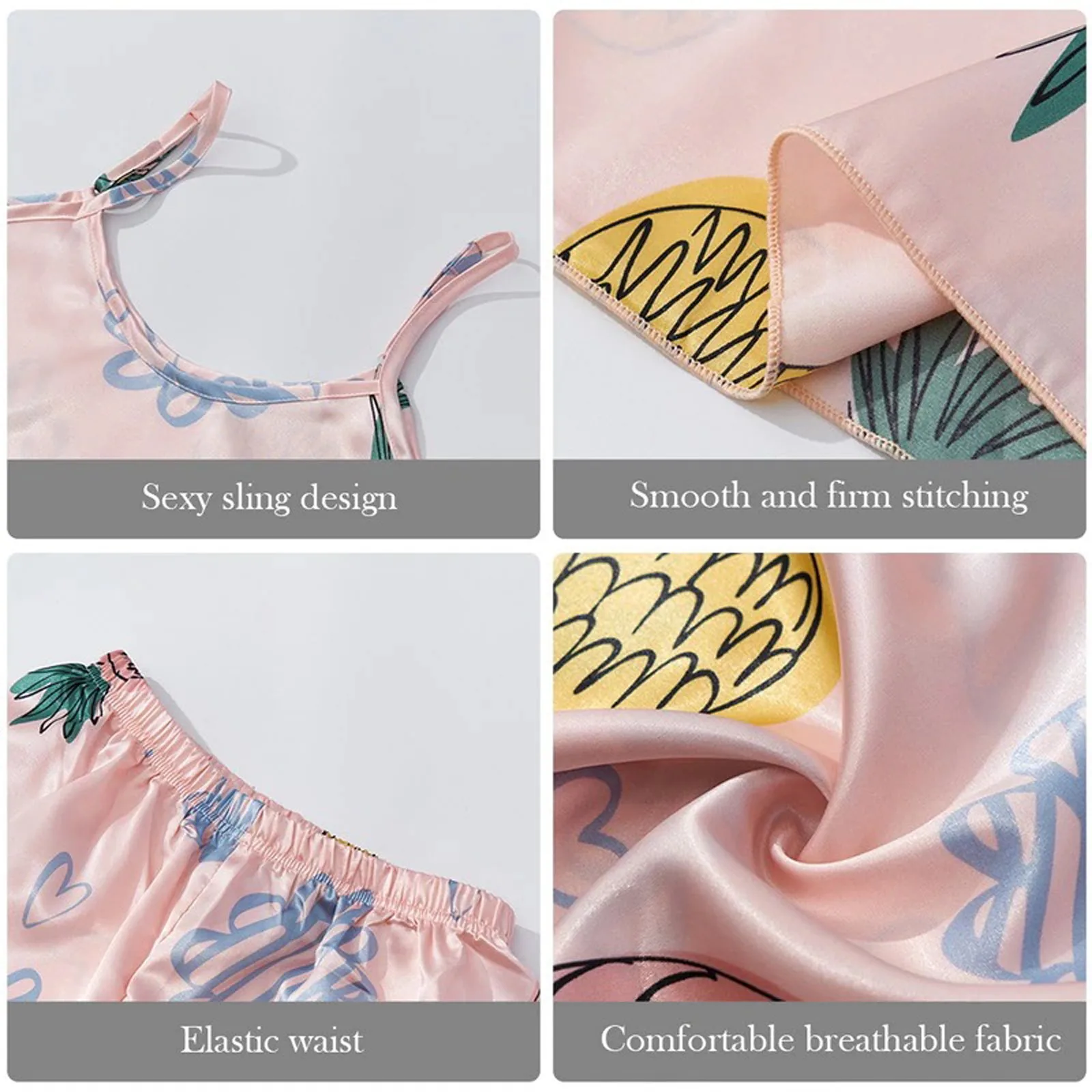 

2021 Silk Pajamas Sexy Satin Lingerie Shorts Set Women Underwear Sleepwear Printing Pineapple satin printed two-piece pajamas#V