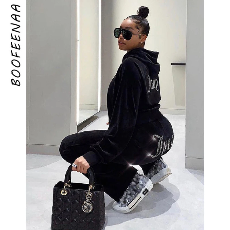 

Блестящие стразы BOOFEENAA, бархатные спортивные костюмы с надписью для женщин, сексуальный комплект из двух предметов, толстовка, брюки, костюм...