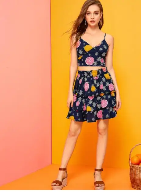 

2019 Europe and the United States foreign trade amazon condole belt vest printed ruffled skirt piece