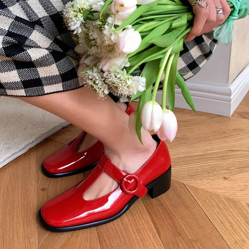 

Женские лакированные туфли-лодочки, винтажные туфли из натуральной телячьей кожи, с пряжкой и Т-образным ремешком, на высоком массивном каб...