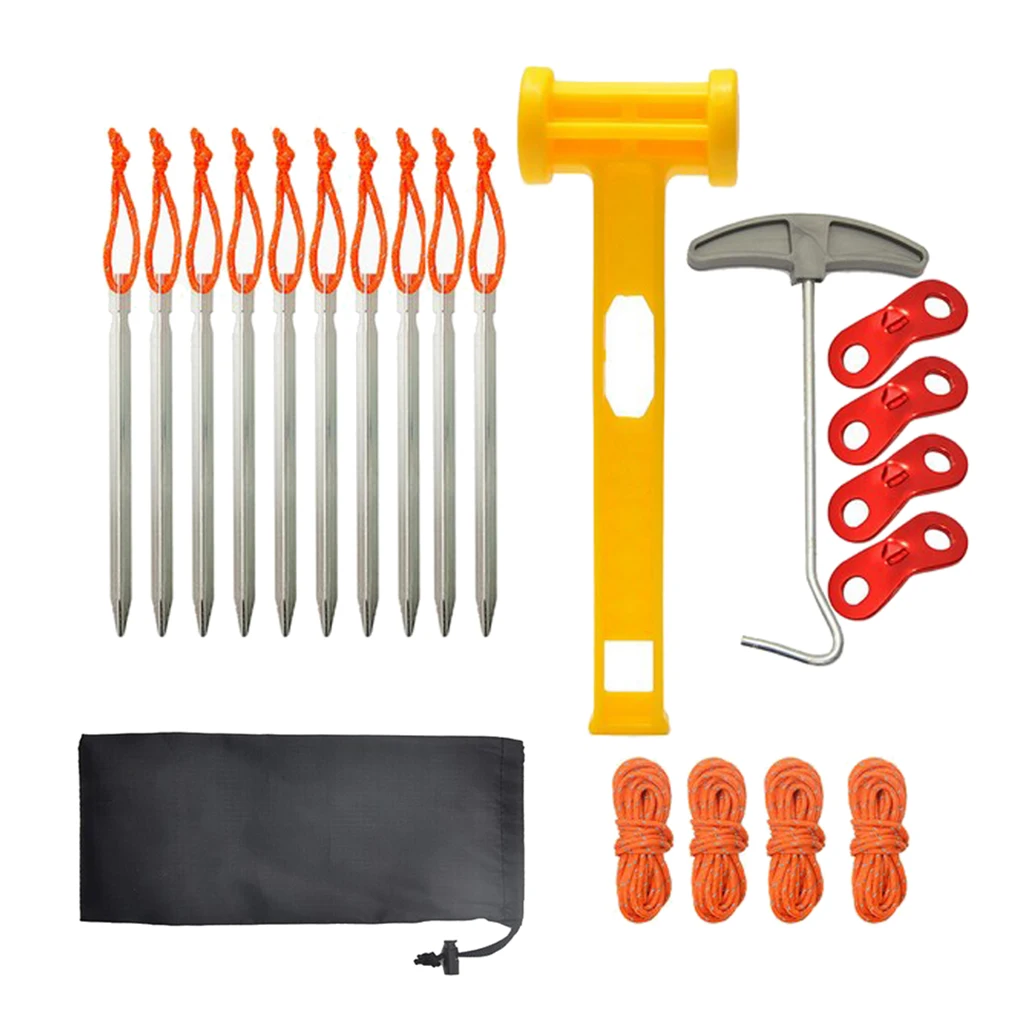 

Hiking Camping Aluminum Multi-function Tent Stake with Hammer Cords Remove Mallet Kits for Backpacking Camping Beach Garden