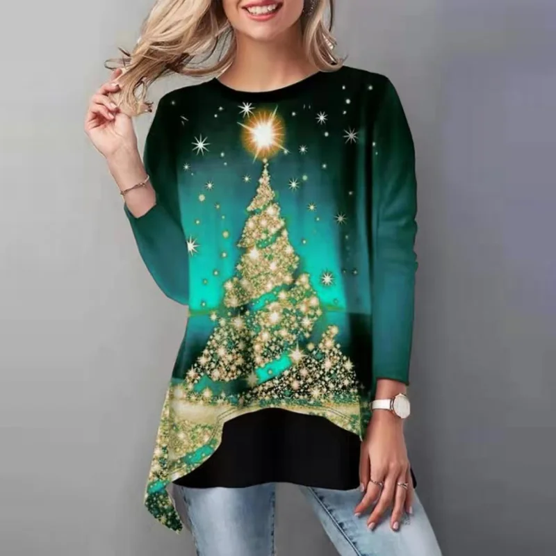 

Christmas Women's Blouse Shirt Fashion Christmas Trees Printed Lax Round Collar Long Sleeve Female Casual Tops Ladies Clothes