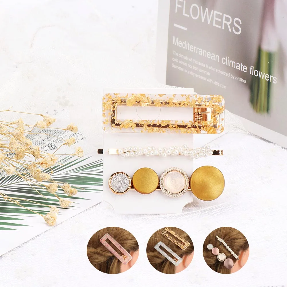 2020 3 шт./компл. корейские модные золотистые розовые акриловые полые заколки для