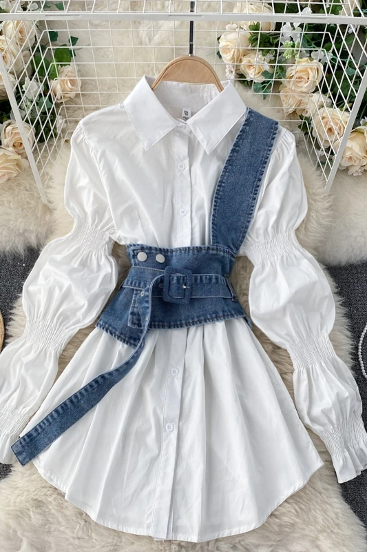 

2021 Spring Shirt Women's Puff Long Sleeve Blouse Matching Denim Sling Waist Seal Two-Piece Set Tops