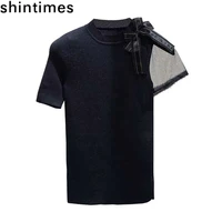camisetas de mujer bow knitted t shirt women mesh patchwork short sleeve t shirts woman clothes new 2022 summer tops tee shirt