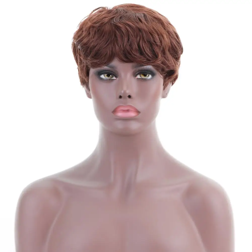Free Beauty 11'' Short Body Wave Brown Auburn Chestnut Dark Roots Synthetic Wig with Bangs for Women Cosplay Party Daily Make Up |