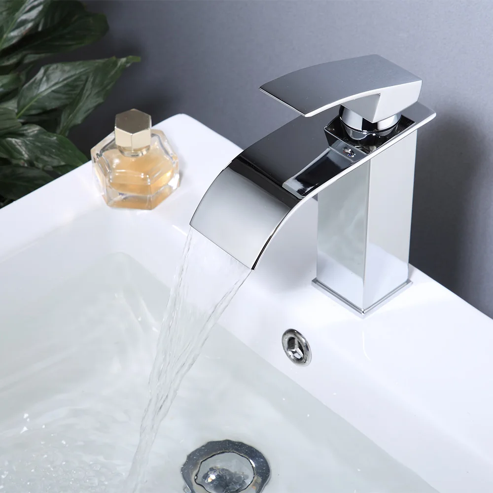 

Square Chrome And Copper Waterfall Basin Sink Faucet Bathroom Mixer Tap Wide Spout Vessel Sink Fauet Hot Cold Water Tap