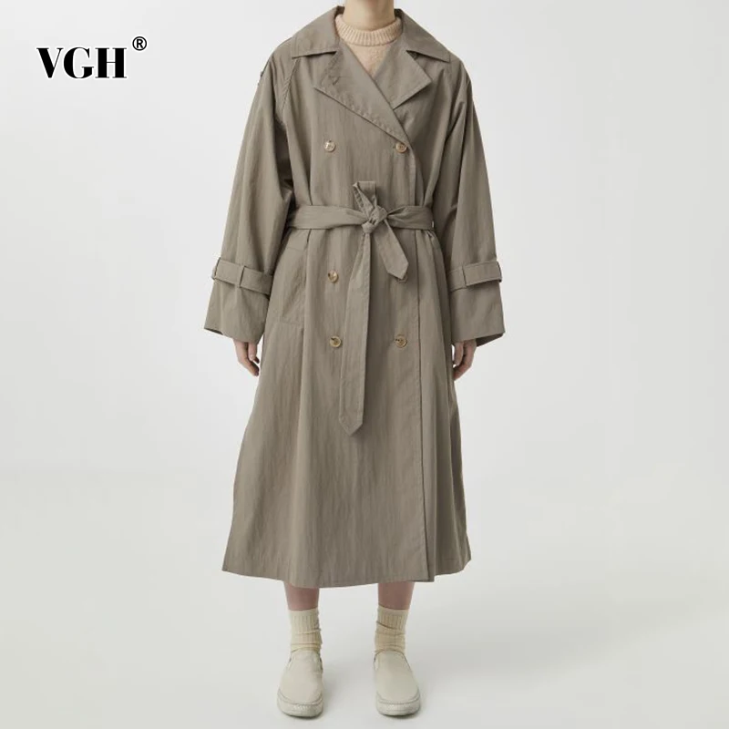 

VGH Casual Solid Straight Women's Trench Coat Lapel Long Sleeve Wide Waistband Patchwork Sashes Loose Women Coat 2021 Autumn New