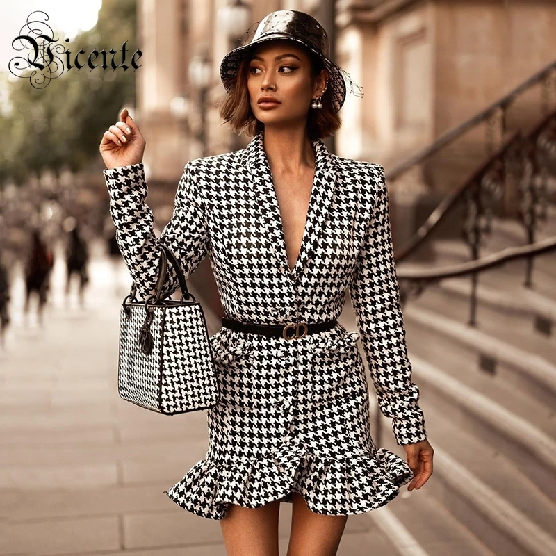 

VC All Free Shipping Chic Houndstooth Pattern V Neck Ruffles Deisgn Long Sleeves Celebrity Party Club Mini Dress