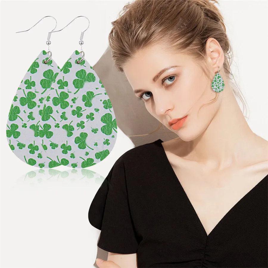 Новый тренд модные кожаные женские серьги с принтом клевера в форме капли