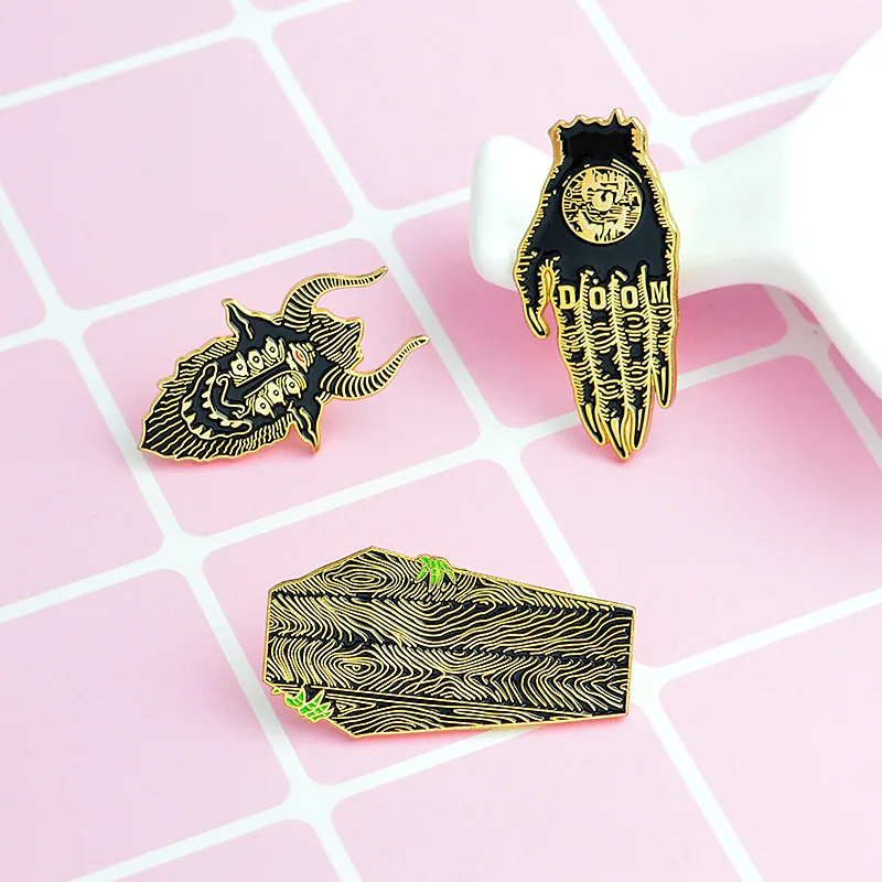 

Creative Hands of Doom Satan Sees All Coffin Creep Goth Brooches Enamel Gothic Pins Badges Horror Punk Jewelry Gifts