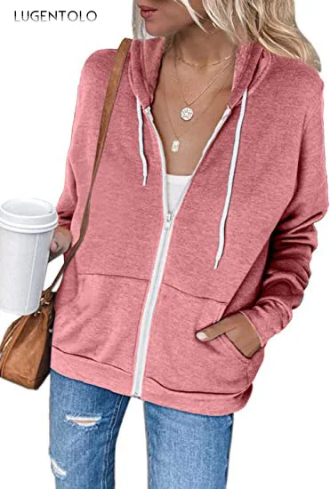 

Lugentolo Women Autumn Hooded Tie-Dye Long-Sleeved Casual Drawstring Pocket Zipper Zip-up Female Simple All-match Sweatshirts