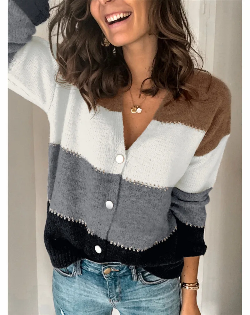 

Autumn 2021 New Fashion Cardigan Striped Button V-neck Sweater Warm and Loose Commuter Outdoor Sweater Women Cardigan Sweater