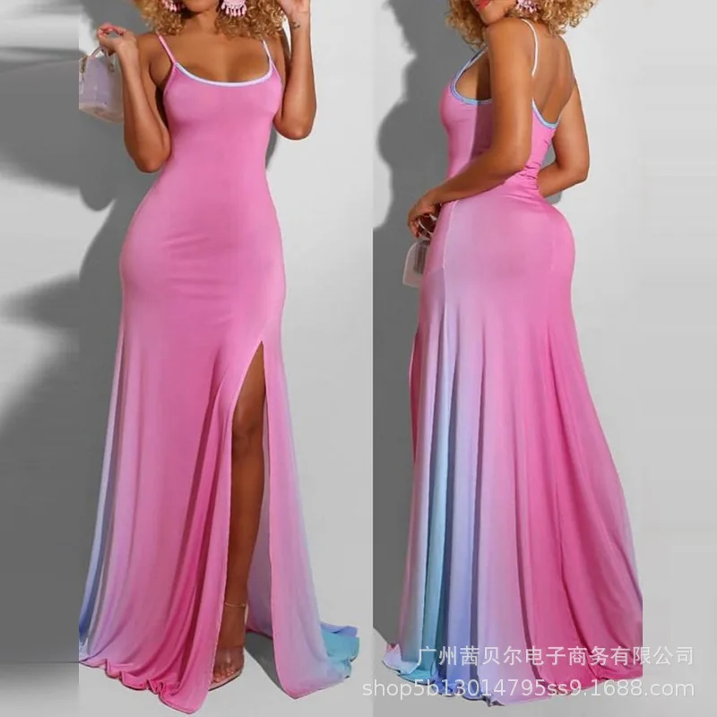 

Mandylandy Sexy Dress Women's Solid Color Slim O-Neck Dress Summer Fashion Spaghetti Strap Sleeveless Backless Slit Dress