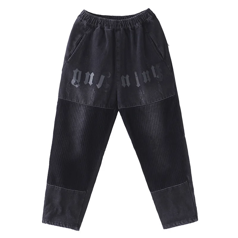 

Max LuLu 2019 Luxury Korean Winter Ladies Punk Printed Corduroy Fur Jeans Vintage Elastic Denim Trousers Women Black Harem Pants