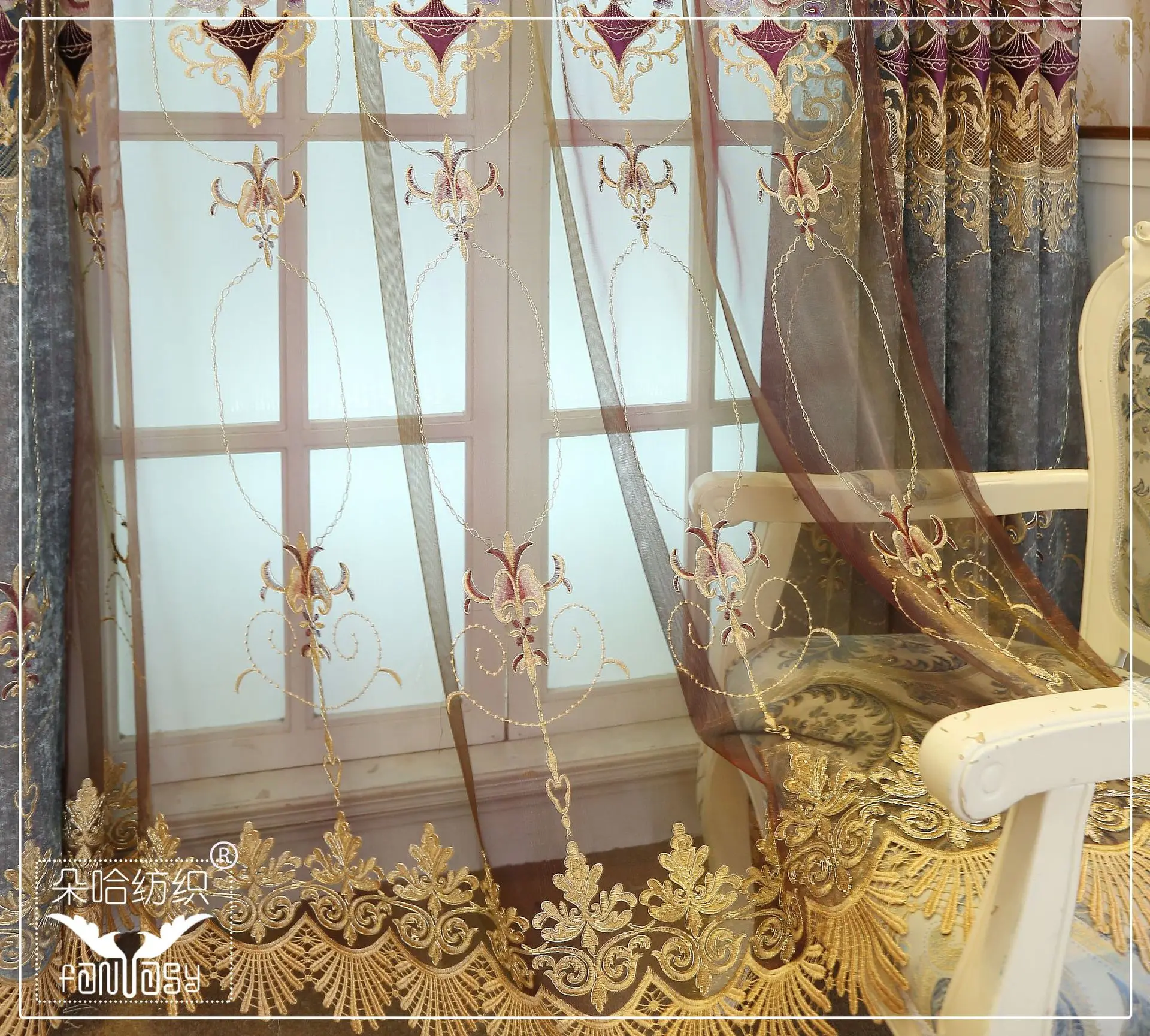 

European Style Curtains for Living Room BedroomLuxury Jacquard Chenille Peony Embroidered Curtain Finished Product Customization