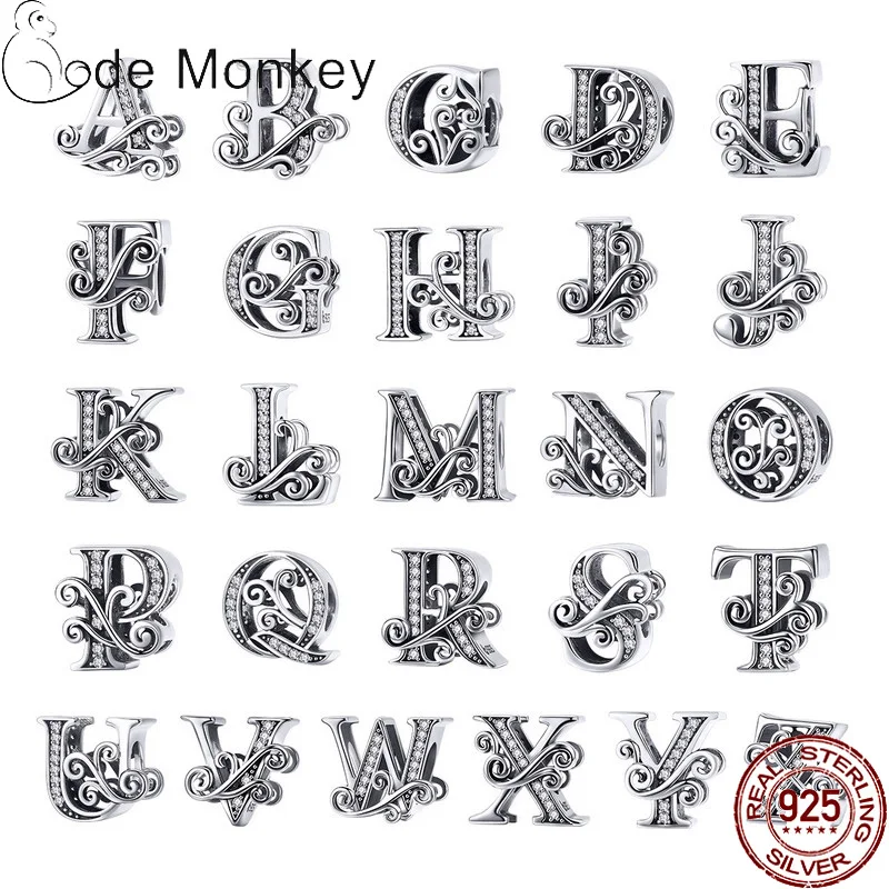 CodeMonkey,, настоящая 925 пробы, серебряная буква, алфавит, A-Z, шарм, название, бисер, подходит для оригинального браслета, подвеска, ювелирное изделие CMC030