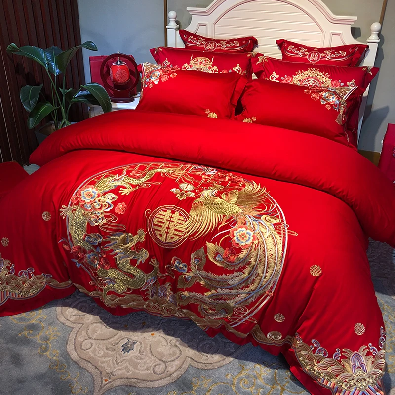 

Oriental Embroidery Cotton wedding four pieces set red quilt Cover Bed Sheet Pillowcase wedding room bedding For Oversea Chinese