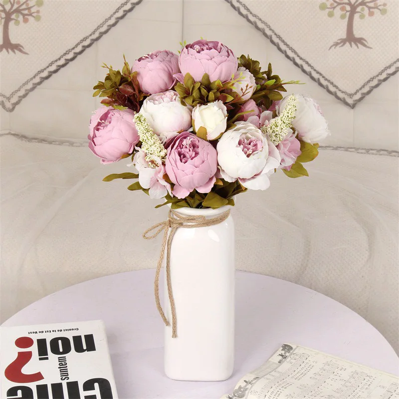 peony white purple 1 букет европейских роз или пионов искусственные цветы искусственные шелковые цветы на вечеринку пионы для свадебного украшения домашний декор для отеля венок - Цвет: peony white purple