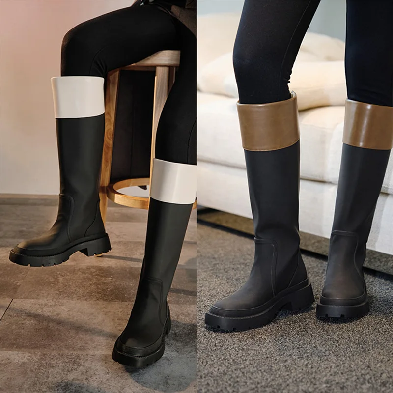 

Длинные сапоги из полиуретана для женщин, сапоги до середины типы, без кордонов с платформой, зима 2019