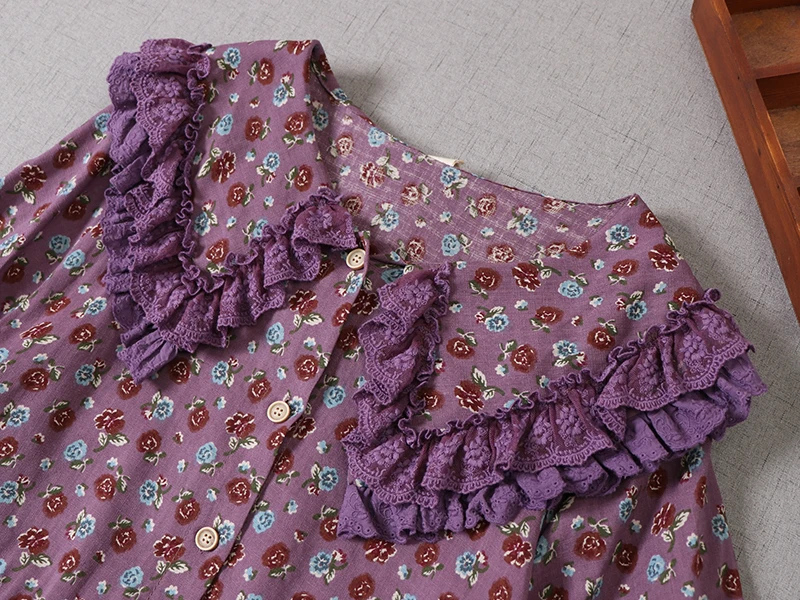 

Japan Style Mori Girl Retro Floral Print Dress Loose Cute Peter Pan Collar Short Sleeve Midi Dresses Women