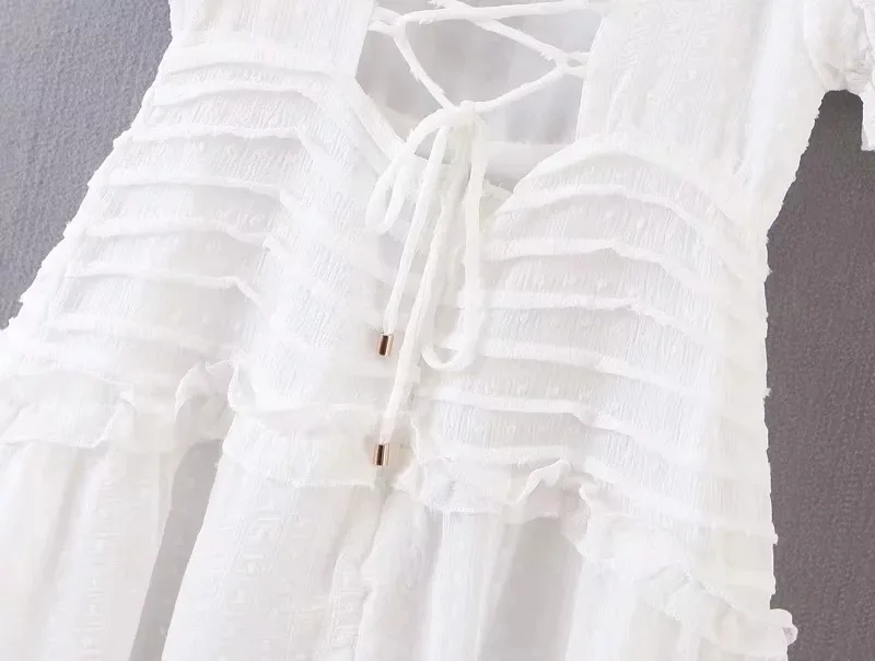 

White Mini Dress Women Vintage Short Puff Sleeve Cotton Sexy Backless Lace Up Elegant Ladies Party Dresses Summer Vestidos