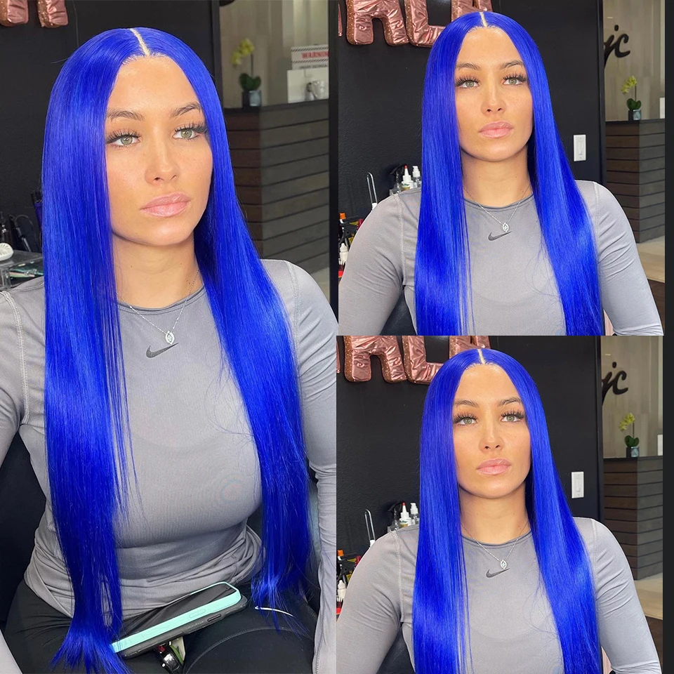 Синий парик из человеческих волос на сетке бразильский с Омбре блонд 613 розовый