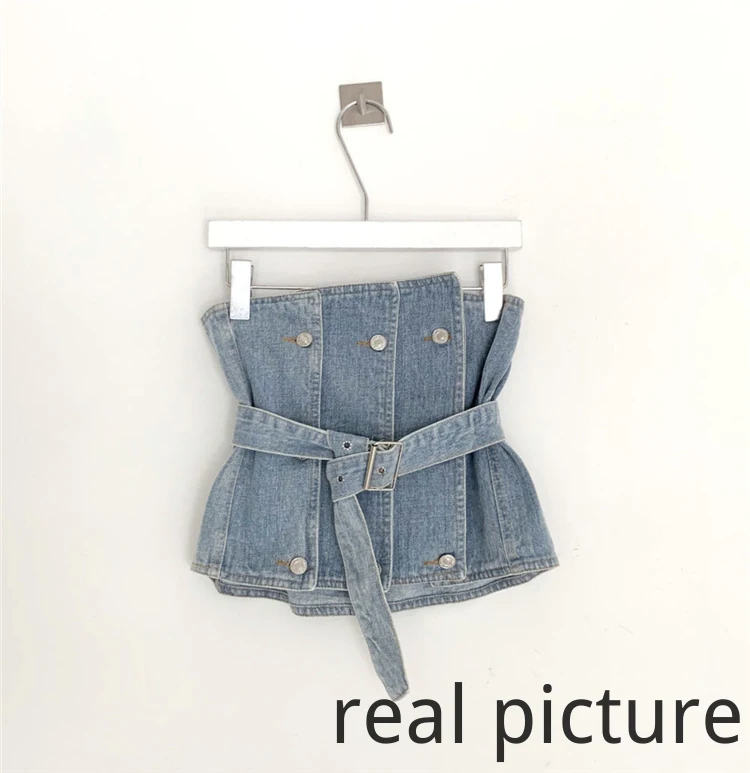 Женская летняя сексуальная рубашка без бретелек Топ с поясом джинсовый жилет