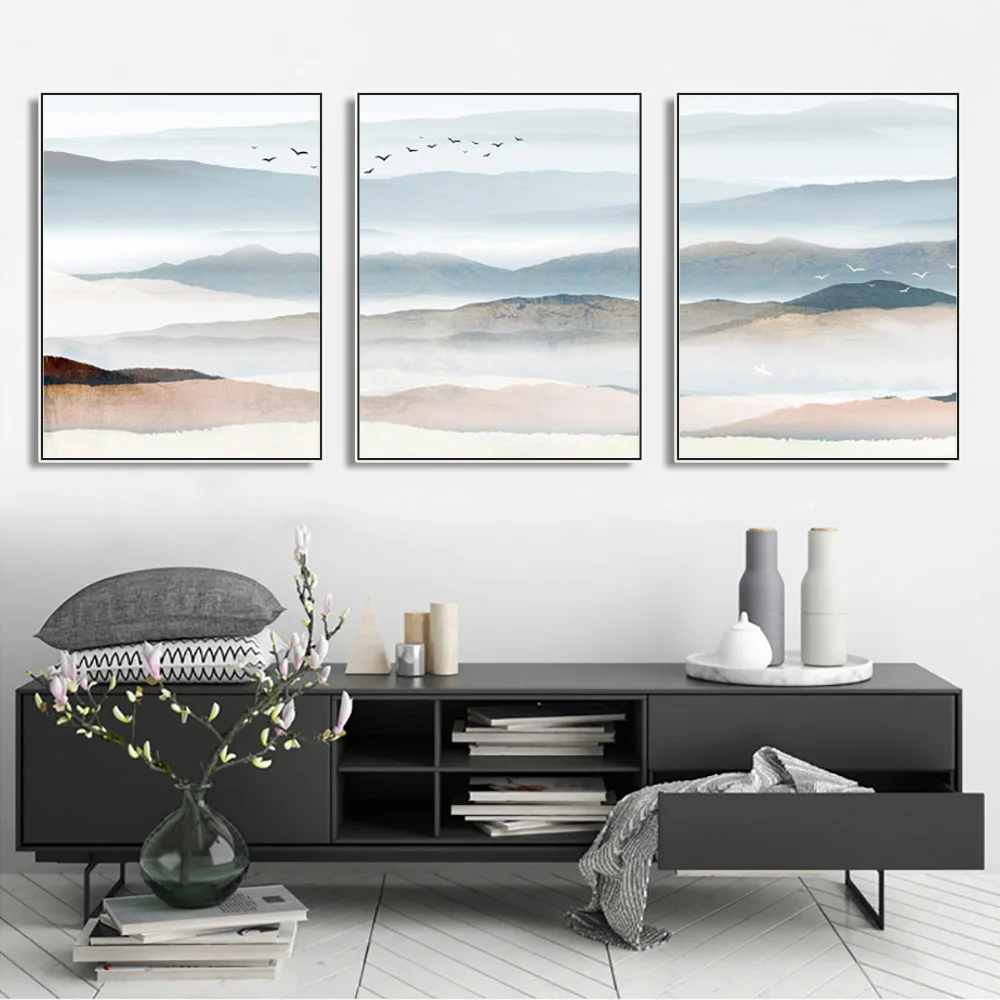 3 Панели холст живопись каллиграфия пейзаж горы плакаты с птицами и принтами