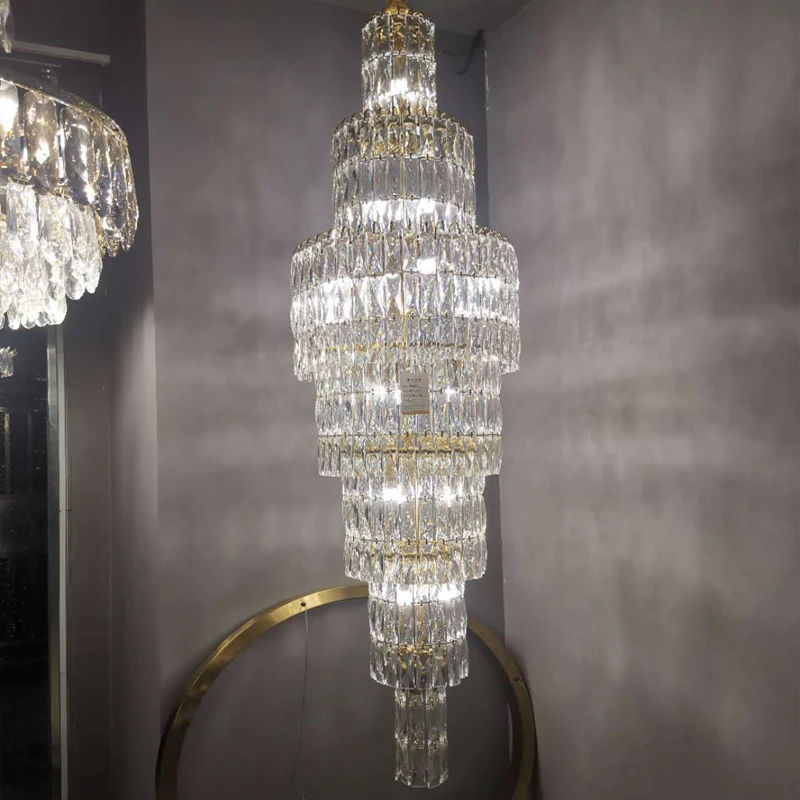 

New luxury k9 crystal chandelier long staircase lamp duplex living room hotel lobby decoration chandelier LED lights
